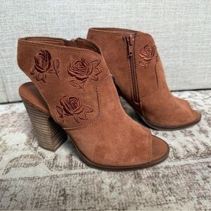 Lucky Brand Womens Bootie Size 6 Embroidered Peep Toe Western Brown Suede Boho